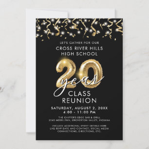 Invitation Classe Reunion 20 ans moderne Black Gold Balloon