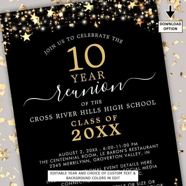 Invitation Classe Reunion Black Gold Stars Lights N'Importe Q (Créateur téléchargé)