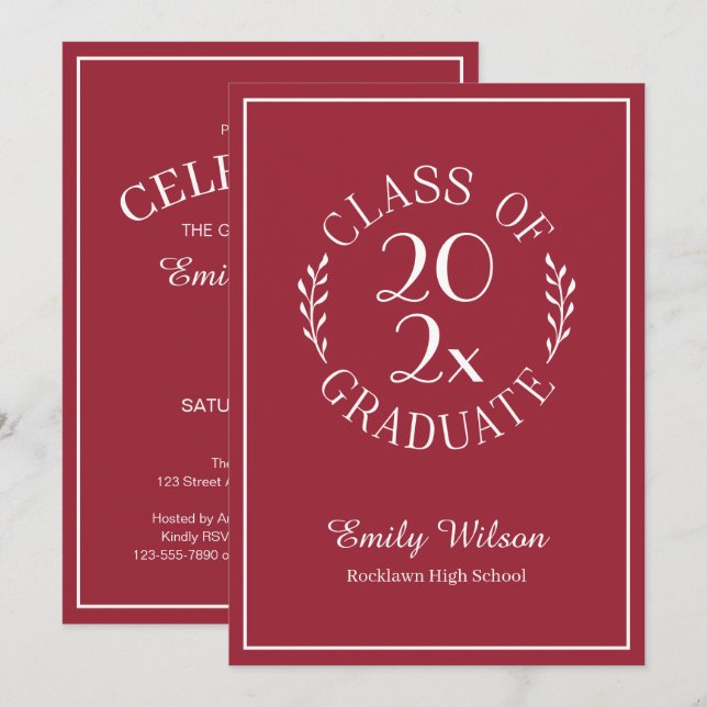 Invitation Classe Rouge Chic Bourgogne De 2025 Graduation Par (Devant / Derrière)