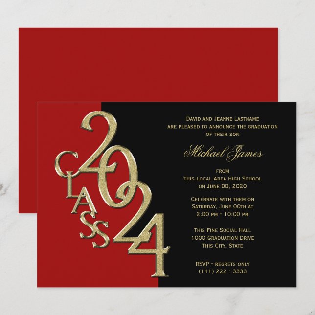 Invitation Classe rouge et or de 2024 Grad avec option couleu (Devant / Derrière)