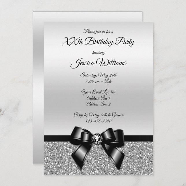 Invitation Classic Black Bow & Silver Parties scintillant Ann (Devant / Derrière)