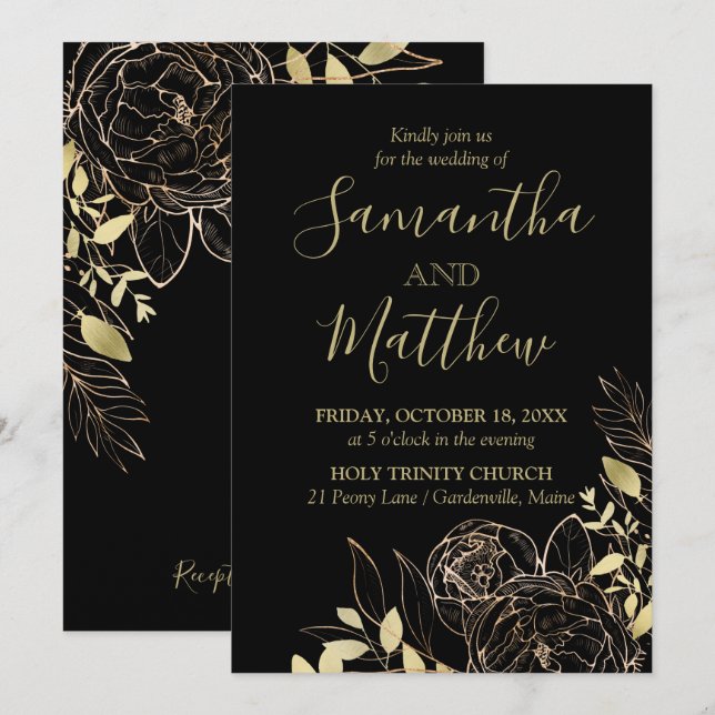 Invitation Classic Black & Gold Peony Moderne Floral Mariage (Devant / Derrière)