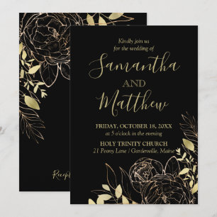 Invitation Classic Black & Gold Peony Moderne Floral Mariage