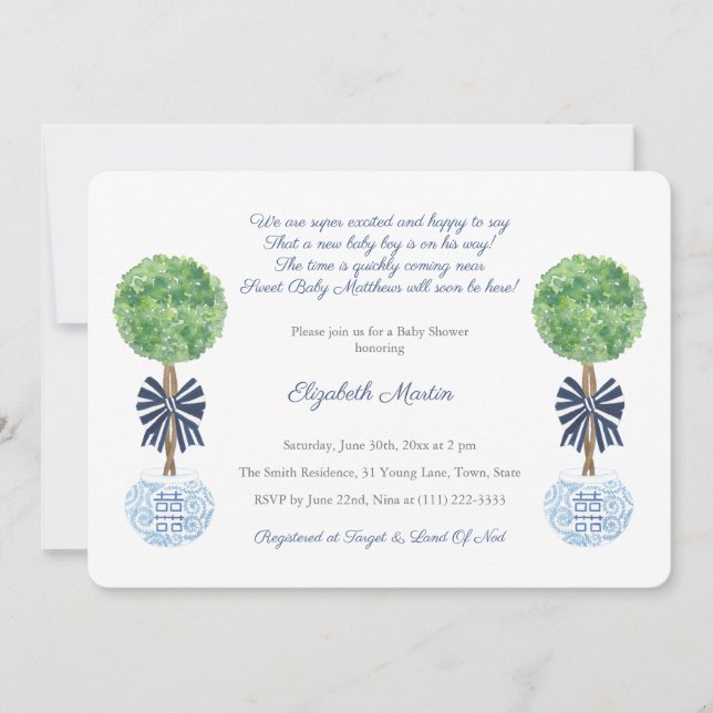 Invitation Classic Bleu Foncé Et Blanc Baby shower Garçon (Devant)