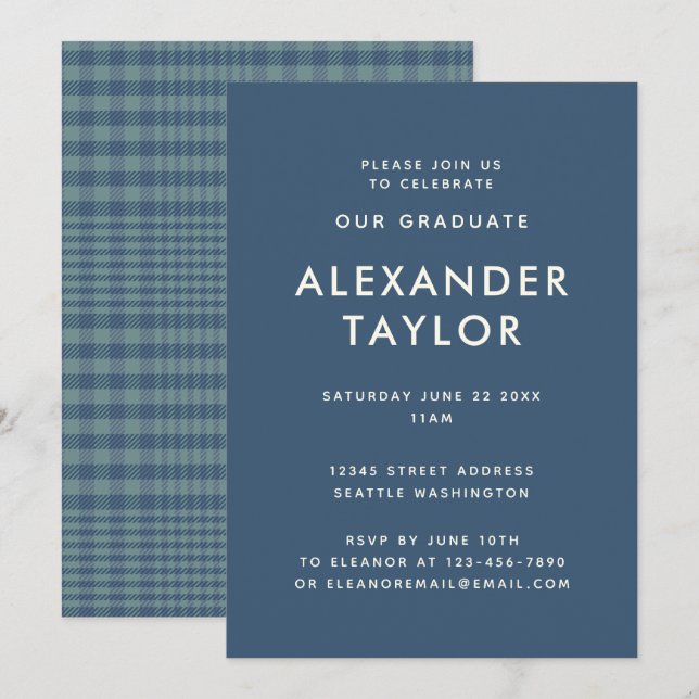 Invitation Classic Blue Glen Plaid Motif Graduation (Devant / Derrière)