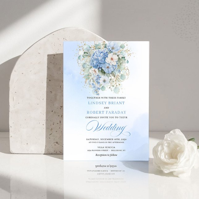 Invitation Classic Blue Hydrangea Gold Floral Wedding Invite (Classic Blue Hydrangea Gold Floral Wedding Invite)