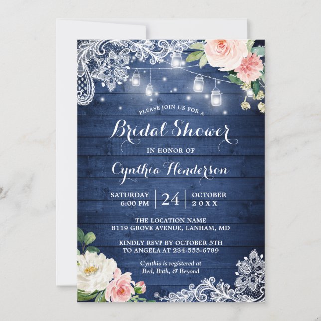 Invitation Classic Blue Mason Jar illumine la Fête des mariée (Devant)