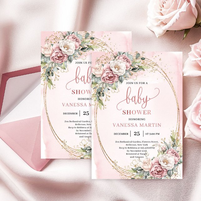 Invitation Classic Blush Pink Floral Eucalyptus Baby Shower (Classic Blush Pink Floral Eucalyptus Baby Shower)