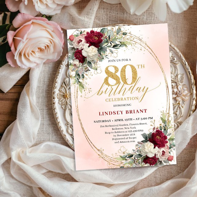 Invitation Classic Burgundy Floral Gold 80th Birthday Invite (Classic Burgundy Floral Gold 80th Birthday Invite)