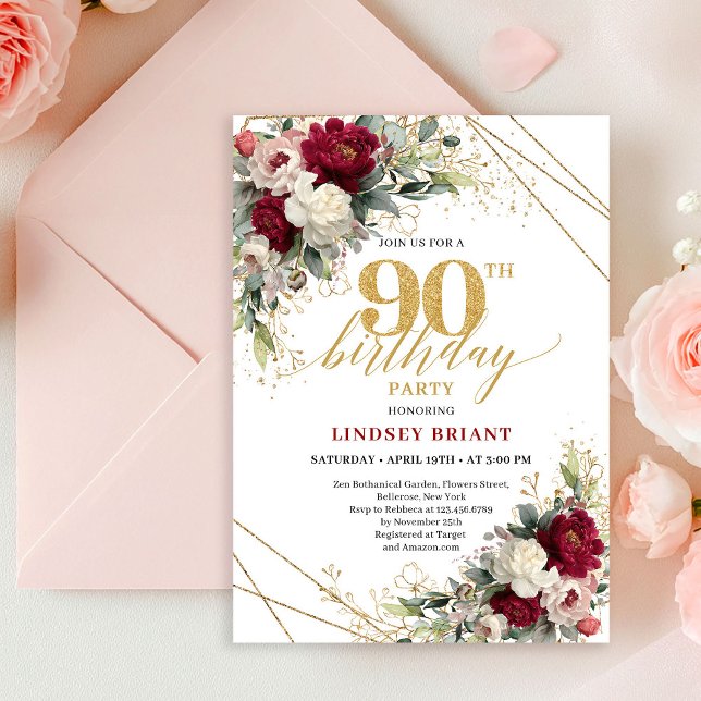 Invitation Classic Burgundy White Gold Roses 90th Birthday  (Classic Burgundy White Gold Roses 90th Birthday Card

)