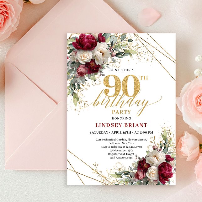 Invitation Classic Burgundy White Roses 90th Birthday Invite (Classic Burgundy White Roses 90th Birthday Invite)