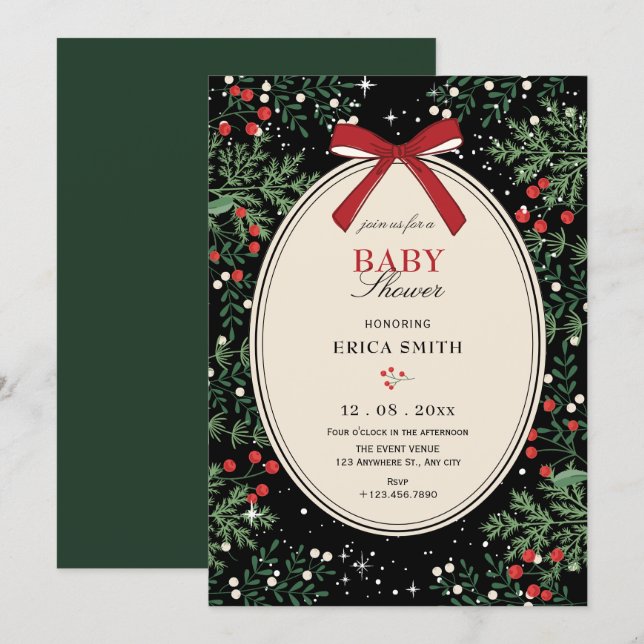 Invitation Classic cherry bow baby shower (Devant / Derrière)