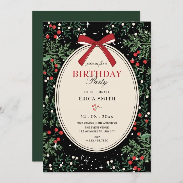 Invitation Classic cherry bow birthday (Devant / Derrière)