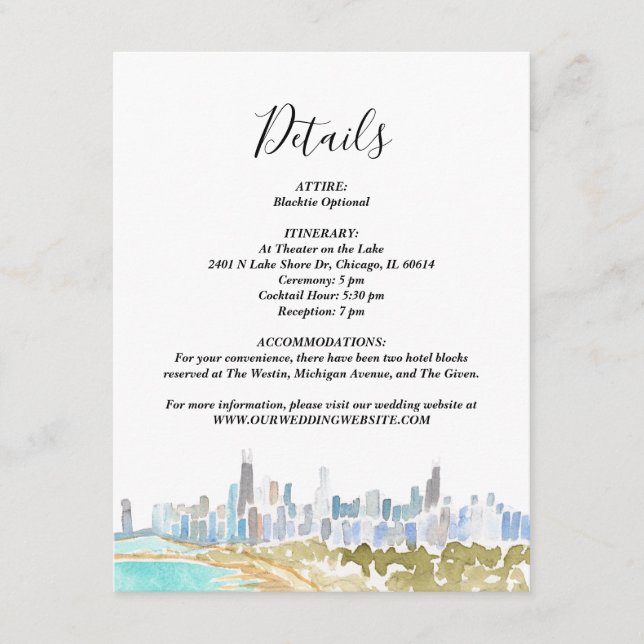 Invitation Classic Chicago Skyline Watercolor Details Card (Devant)