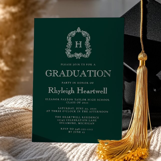 Invitation Classic Dark Green Monogram Crest Graduation Party (Créateur téléchargé)