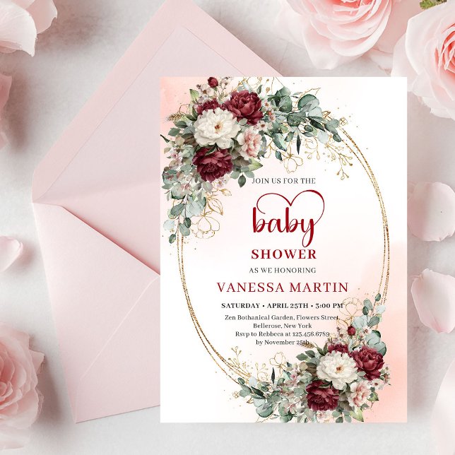 Invitation Classic Deep Red Floral Eucalyptus Baby Shower  (Classic Deep Red Floral Eucalyptus Baby Shower Invite

)