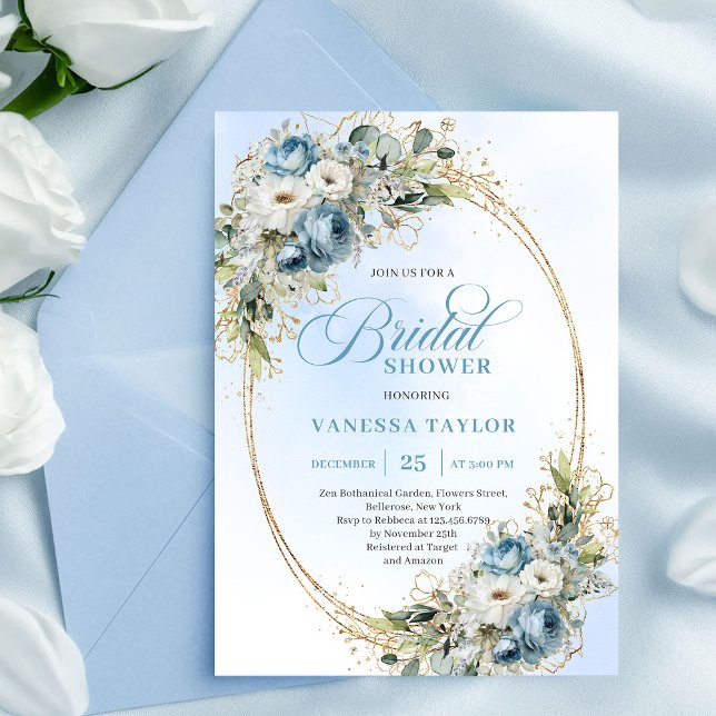 Invitation Classic Dusty Blue Floral Eucalyptus Bridal Shower (Classic Dusty Blue Floral Eucalyptus Bridal Shower Invite)