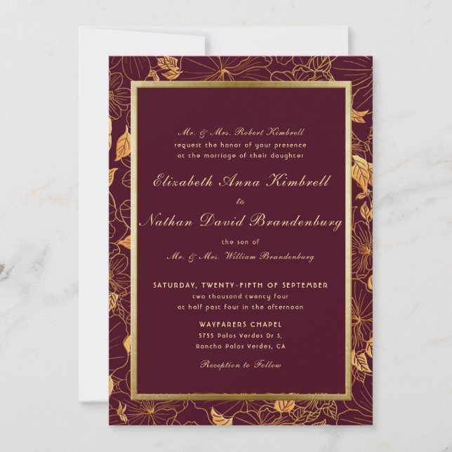 Invitation Classic Elegant Bourgogne & Mariage Floral Or (Devant)