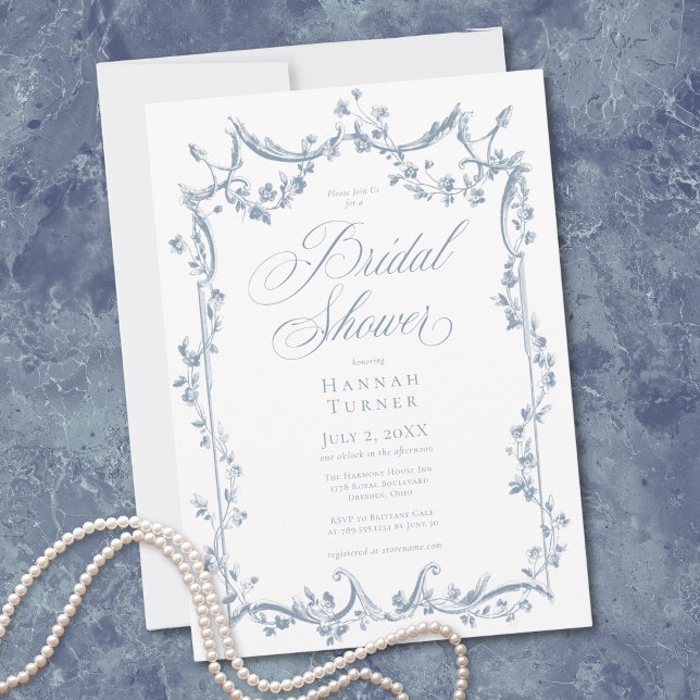 Invitation Classic Elegant Dusty Blue Delicate Floral Shower (Classic Elegant Dusty Blue Delicate Floral Shower Invitation)