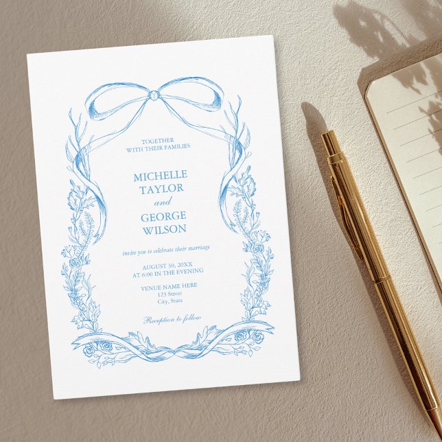Invitation Classic Elegant Français Bleu Coquette Floral Bow (Créateur téléchargé)