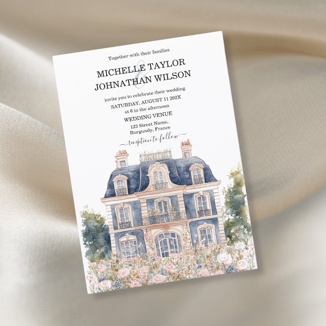 Invitation Classic élégant manoir bleu français Floral (french mansion in blue tones)
