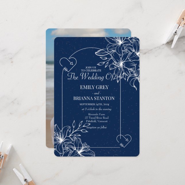 Invitation Classic Elegant mariage bleu marine (Devant/Arrière en situation)