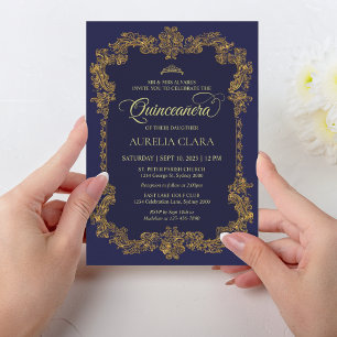 Invitation Classic Elegant Marine Bleu Or Tiara Quinceanera