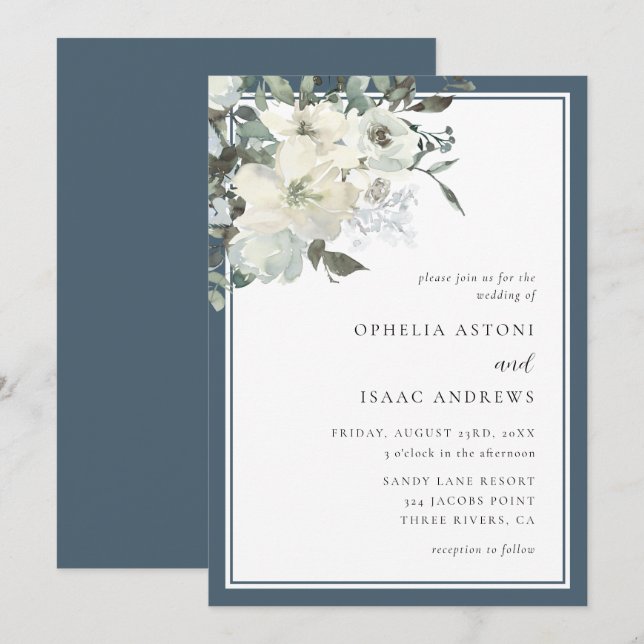 Invitation Classic Elegant Marine Blue Ivory Floral Mariage (Devant / Derrière)