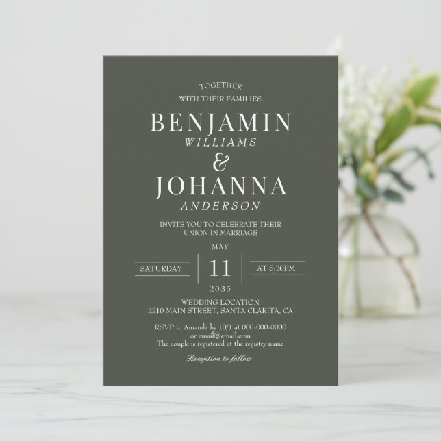 Invitation Classic Elegant Olive Green Mariage (Debout devant)
