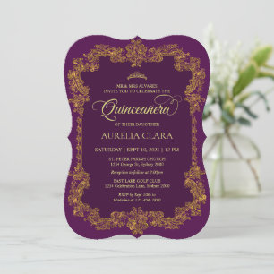 Invitation Classic Elegant Purple Gold Tiara Quinceanera