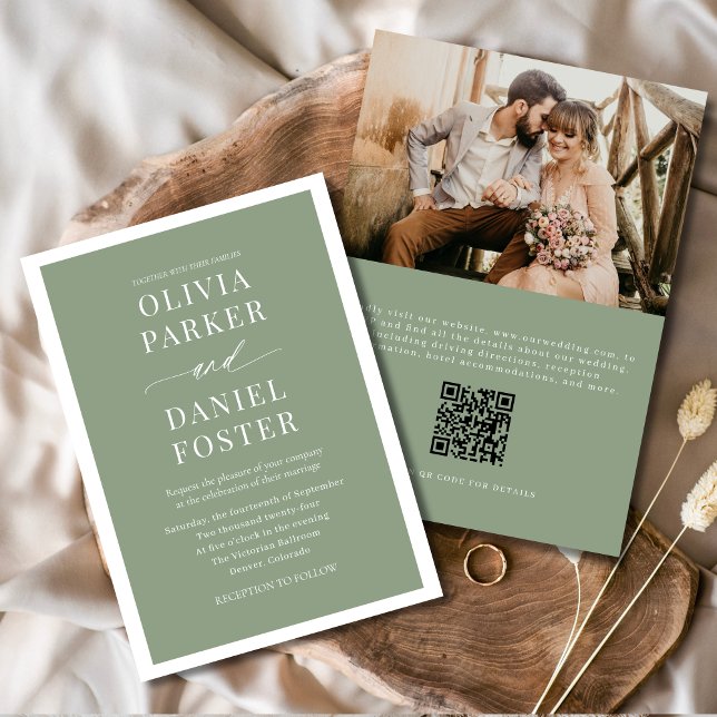 Invitation Classic Elegant Sage Green Photo QR Code Mariage (Créateur téléchargé)
