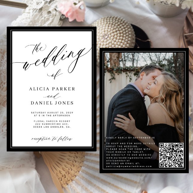 Invitation Classic elegant script QR code photo wedding (Créateur téléchargé)
