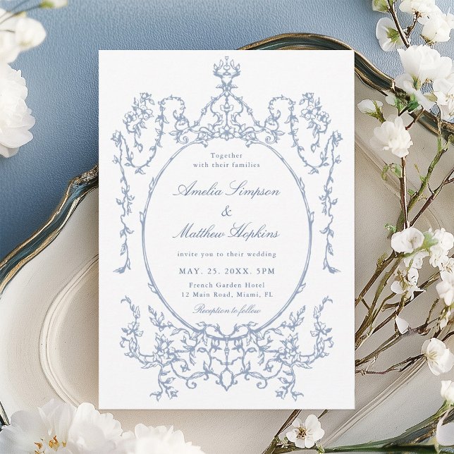 Invitation Classic Floral Frame Dusty Blue Wedding            (Créateur téléchargé)