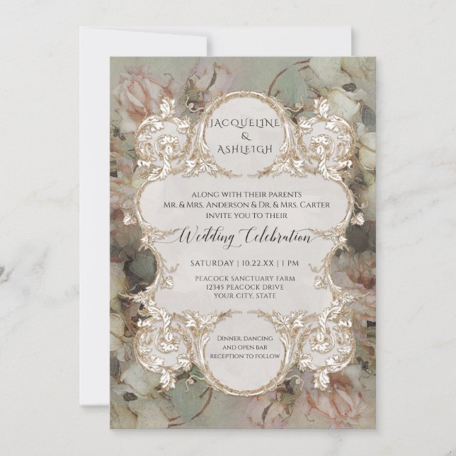 Invitation Classic Floral Rose Rose Rose Or Script doré (Devant)