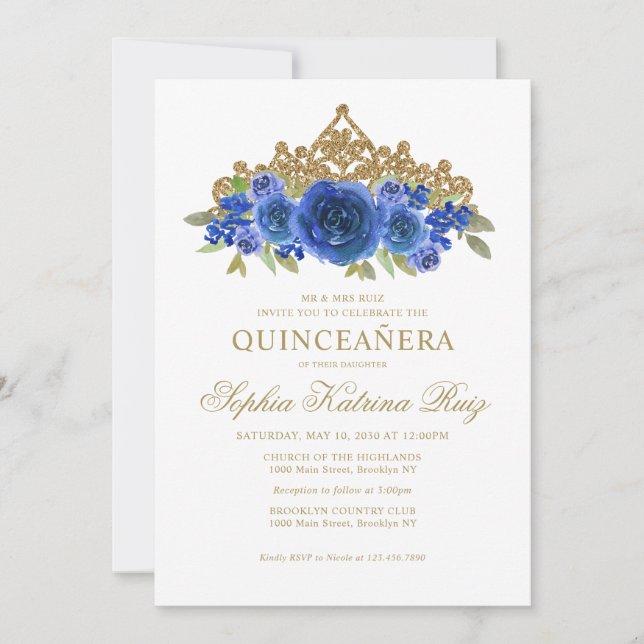Invitation Classic Floral Royal Blue Gold Tiara Quinceañera (Devant)