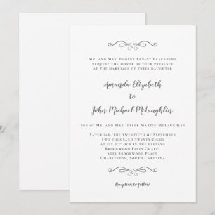 Invitation Classic Formal Elegant Blanc Gris Mariage Script