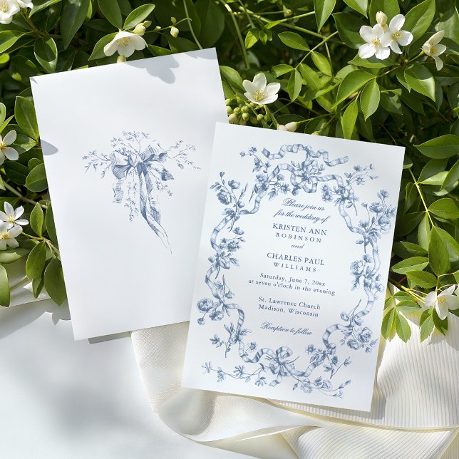 Invitation Classic French Blue Flowers & Ribbons Wedding (Créateur téléchargé)