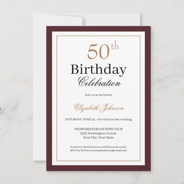 Invitation Classic Gold Burgundy 50th Birthday Party (Devant)