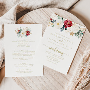 Invitation Classic Gold Burgundy Floral Mariage avant et arri