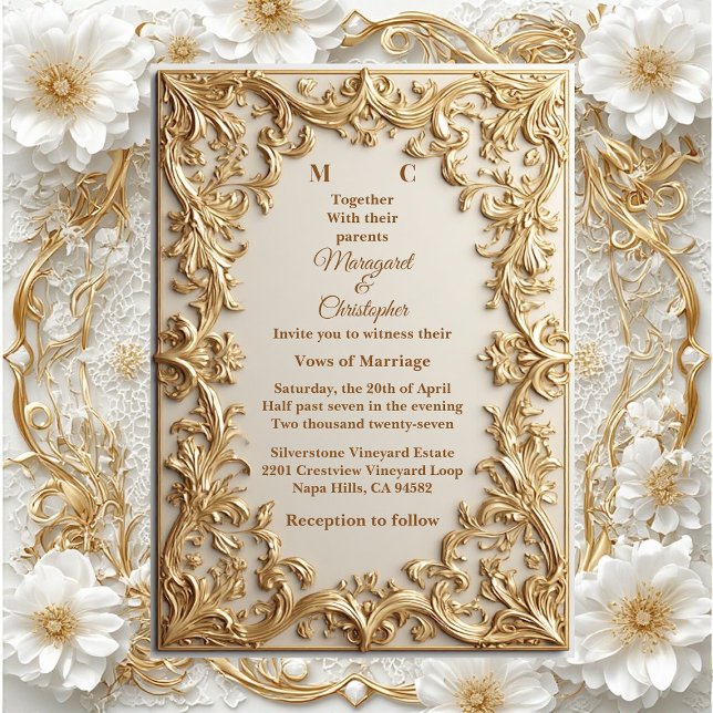 Invitation Classic Gold Ornate Floral Motif Modern Typography (Classic Gold Ornate Floral Motif Modern Typography Invitation)