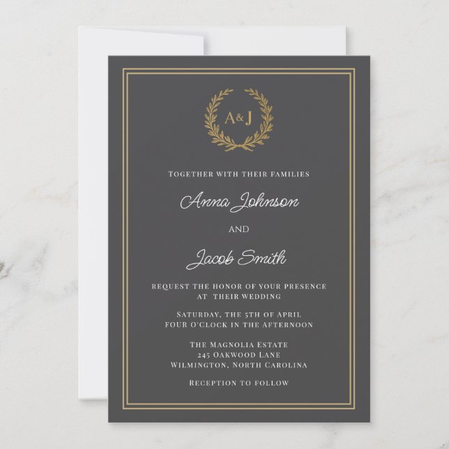 Invitation Classic Gray Laurel Wreath Monogram Elegant Photo (Devant)
