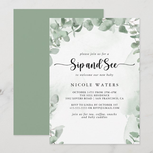 Invitation Classic Green Eucalyptus Foliage Sip et voir (Devant / Derrière)