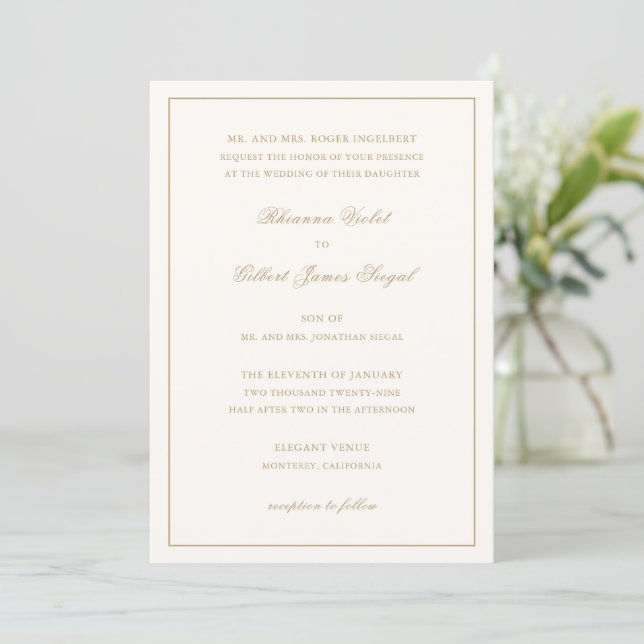 Invitation Classic Ivory and Gold Border Timeless Wedding (Debout devant)