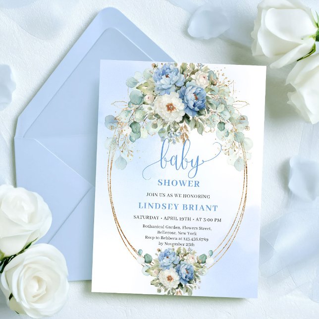 Invitation Classic Light Blue Peonies Eucalyptus Baby Shower (Classic Light Blue Peonies Eucalyptus Baby Shower

)