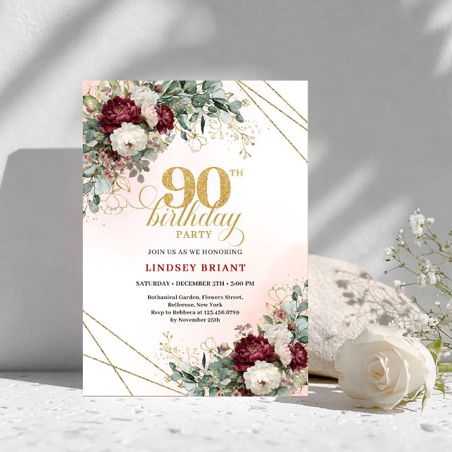 Invitation Classic Marsala Floral Greenery 90th Birthday (Classic Marsala Floral Greenery 90th Birthday)