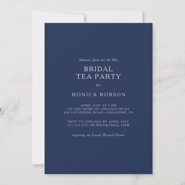 Invitation Classic Minimal Navy Blue Silver Bridal Tea Party (Devant)