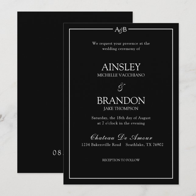 Invitation Classic Minimalist Ampersand Monogram Black White  (Devant / Derrière)