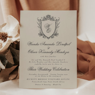 Invitation Classic Monogram Beige Formal Floral Crest Wedding