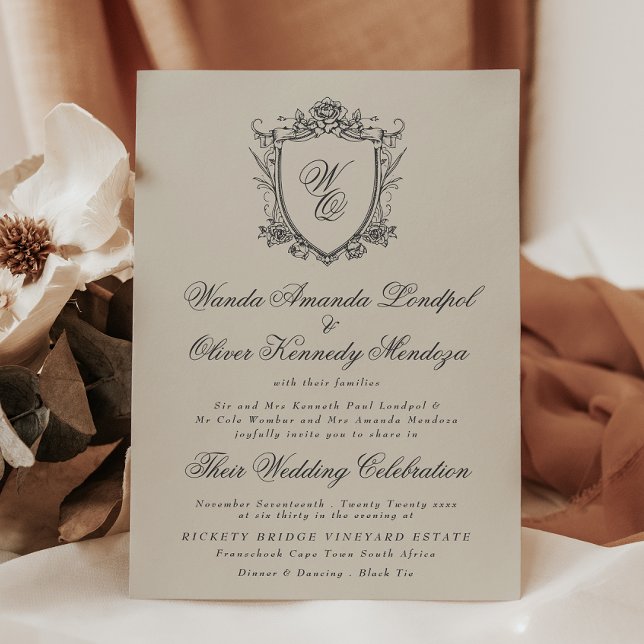 Invitation Classic Monogram Beige Formal Floral Crest Wedding (Créateur téléchargé)