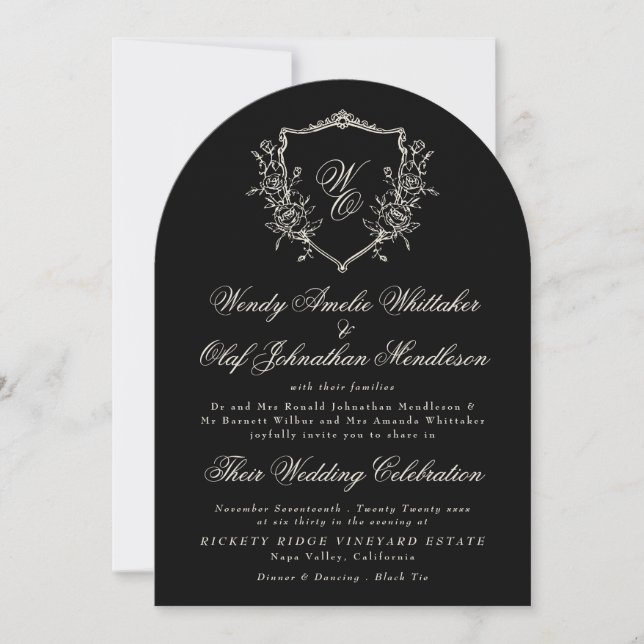 Invitation Classic Monogram Wreath Black White Arch Wedding (Devant)